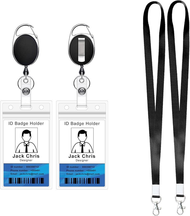 HoAoOo Retractable Badge Reel with Claw Clasp and Clip for Id Card Holders (2 ID Cases 2 Retractable Reels 2 Lanyards Black) - Image 1